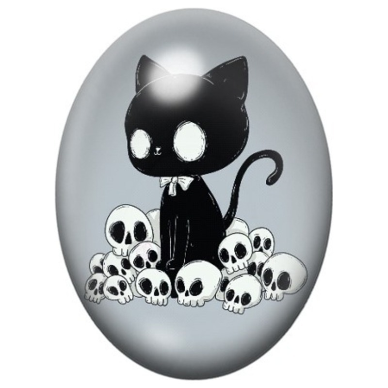Cabochon en Verre Illustré Chat Noir sur un Tas de Crânes 13x18, 18x25 ou 30x40mm