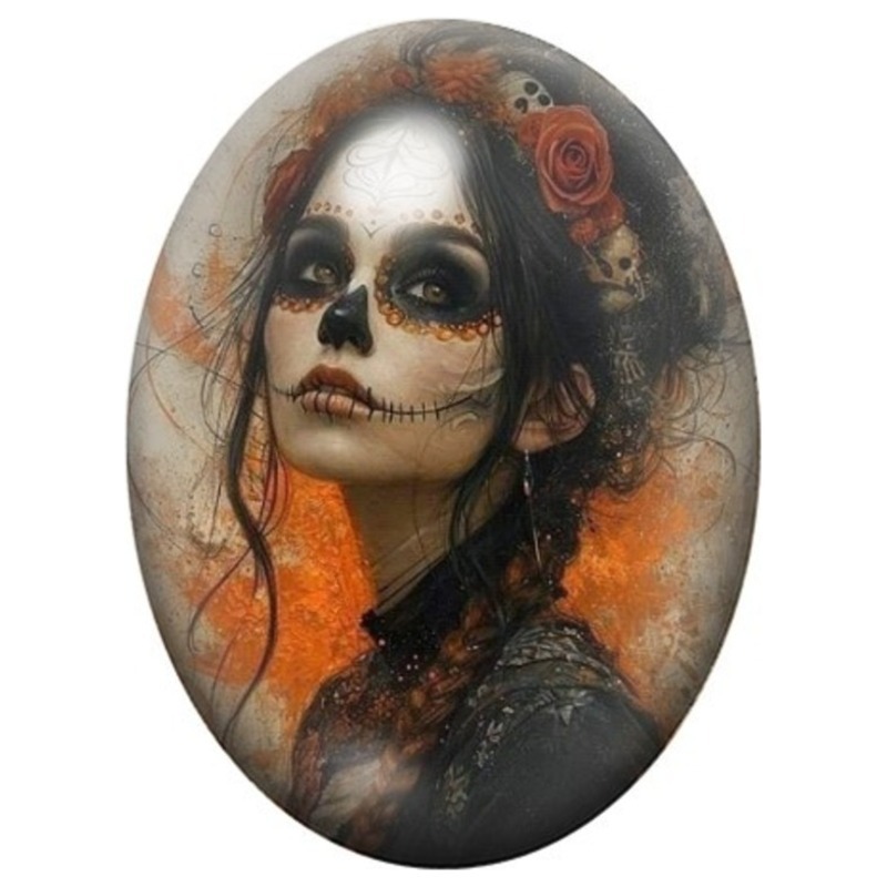 Cabochon en Verre Illustré Femme Calavera aux Roses Rouges 13x18, 18x25 ou 30x40mm