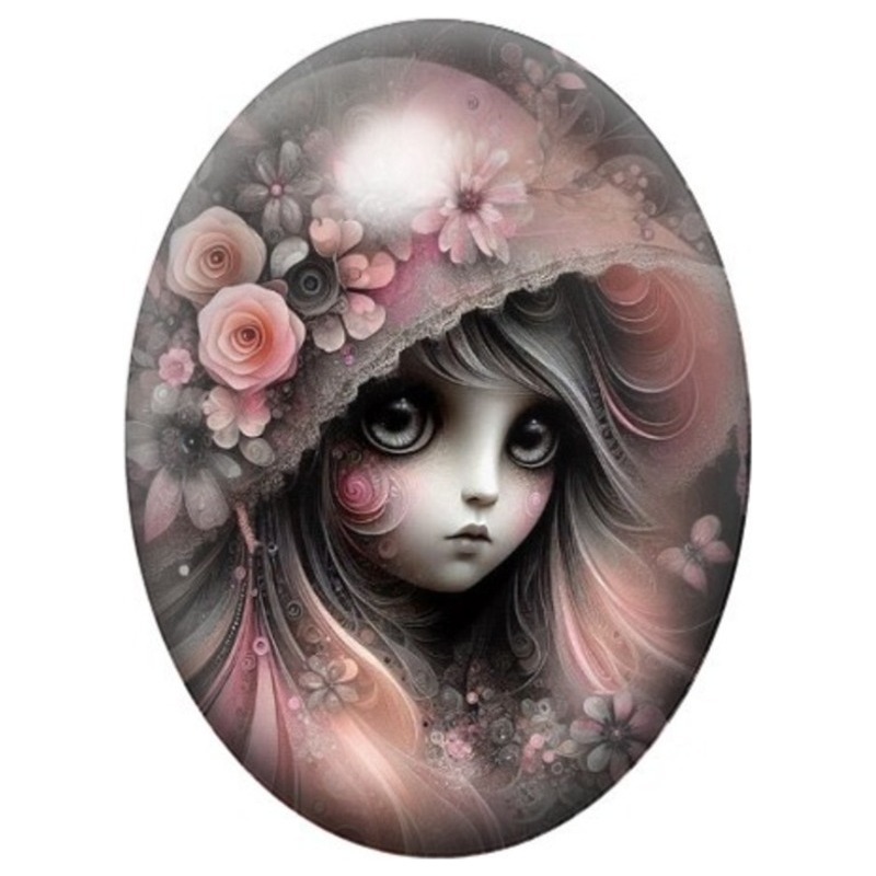 Cabochon en Verre Illustré Jeune Fille Gothique aux Fleurs 13x18, 18x25 ou 30x40mm