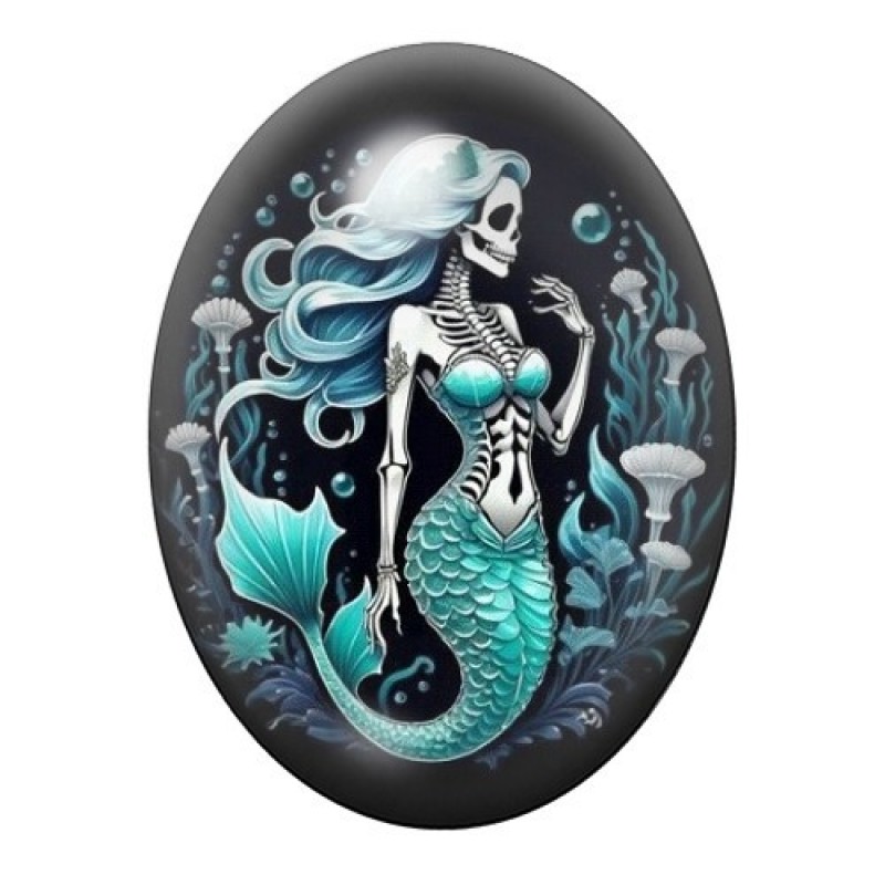 Cabochon en Verre Illustré Sirène Squelette Gothique 13x18, 18x25 ou 30x40mm