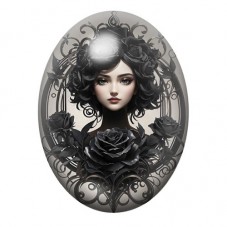 Cabochon en Verre Illustré Femme Gothique aux Roses Noires 13x18, 18x25 ou 30x40mm pour la création de bijoux fantaisie - DIY