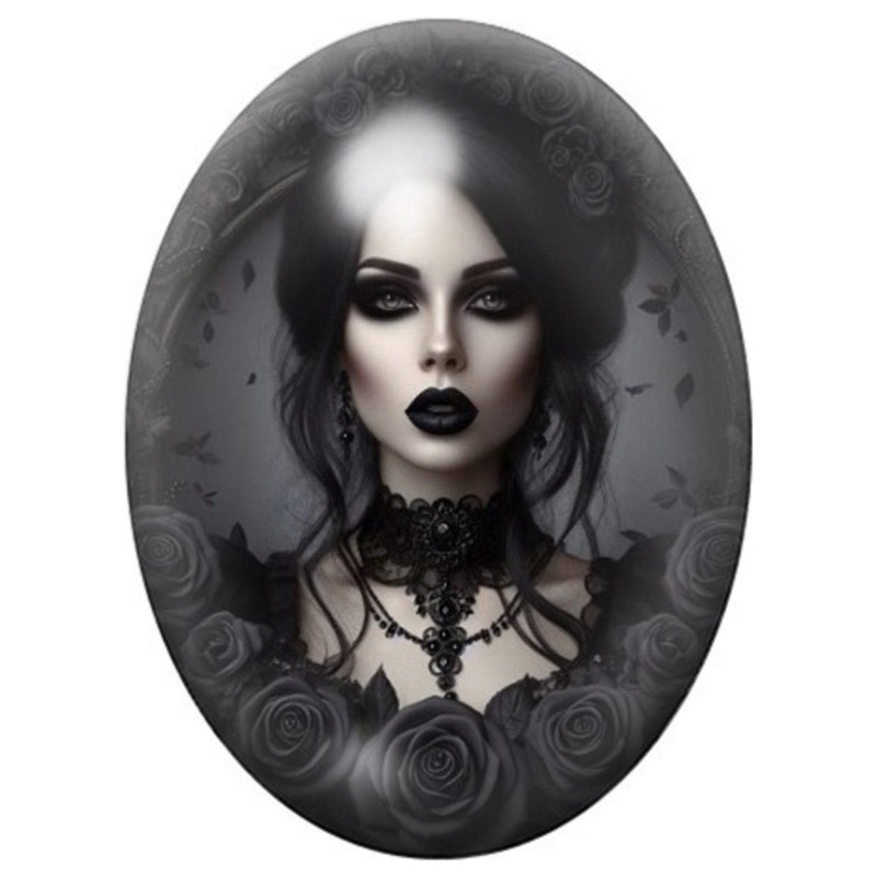 Cabochon en Verre Illustré Femme Gothique aux Roses Noires 13x18, 18x25 ou 30x40mm