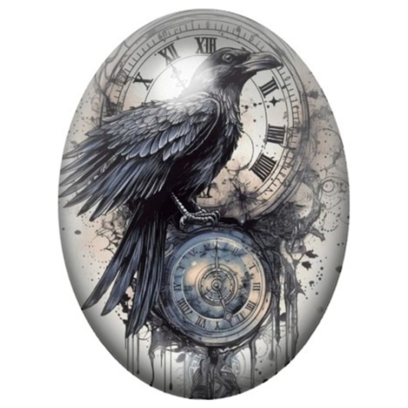 Cabochon en Verre Illustré Corbeau aux Rouages du Temps 13x18, 18x25 ou 30x40mm