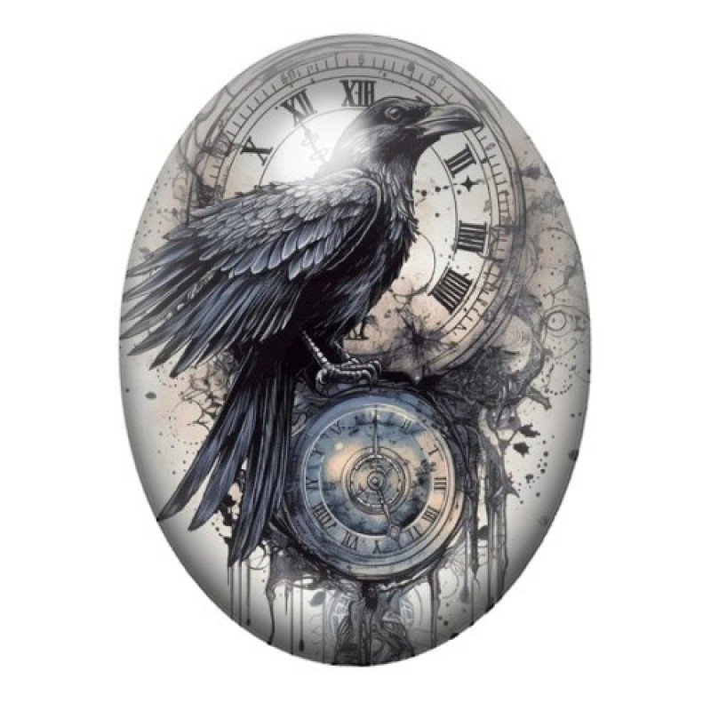 Cabochon en Verre Illustré Corbeau Horloge Gothique 13x18, 18x25 ou 30x40mm