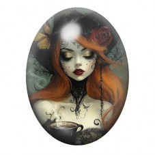 Cabochon en Verre Illustré Femme Gothique Rousse à la Tasse Fumante 13x18, 18x25 ou 30x40mm pour la création de bijoux fantaisie