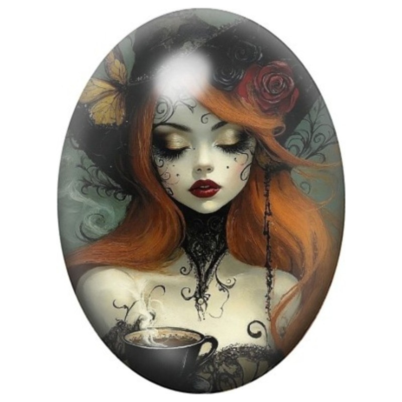 Cabochon en Verre Illustré Femme Gothique Rousse à la Tasse Fumante 13x18, 18x25 ou 30x40mm