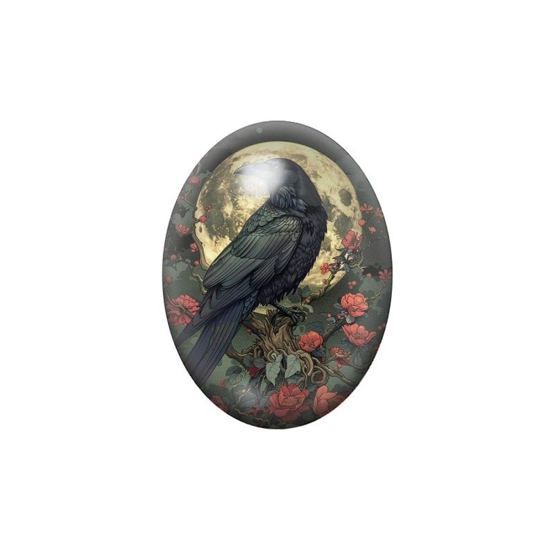 Cabochon en Verre Illustré Corbeau Lune Gothique 13x18, 18x25 ou 30x40mm