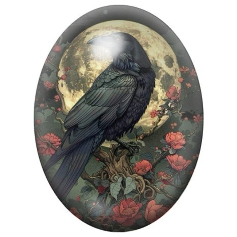 Cabochon en Verre Illustré Corbeau sous la Lune Dorée 13x18, 18x25 ou 30x40mm