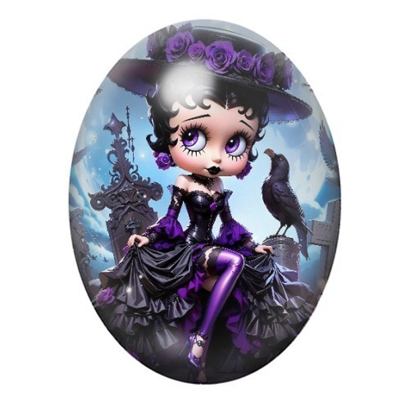 Cabochon en Verre Illustré Betty Boop Gothique au Corbeau 13x18, 18x25 ou 30x40mm