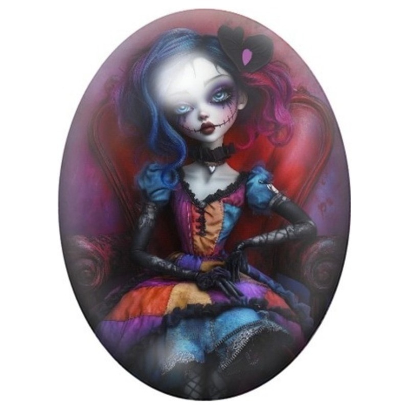 Cabochon en Verre Illustré Femme Gothique aux Cheveux Bleus 13x18, 18x25 ou 30x40mm