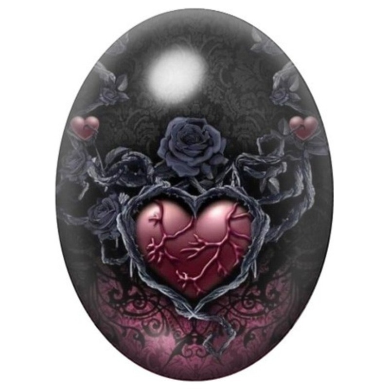 Cabochon en Verre Illustré Cœur Gothique aux Roses Noires 13x18, 18x25 ou 30x40mm