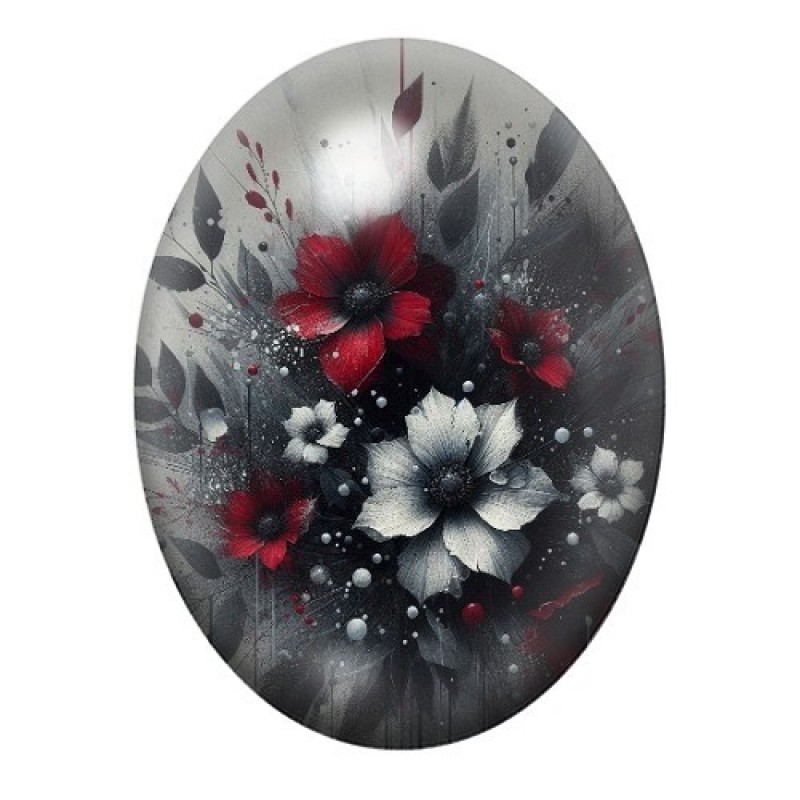 Cabochon en Verre Illustré Bouquet Gothique Rouge Noir et Blanc 13x18, 18x25 ou 30x40mm