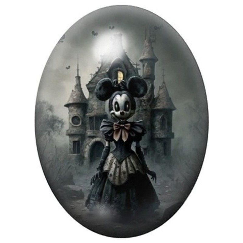 Cabochon en Verre Illustré Souris Gothique devant un Château Brumeux 13x18, 18x25 ou 30x40mm