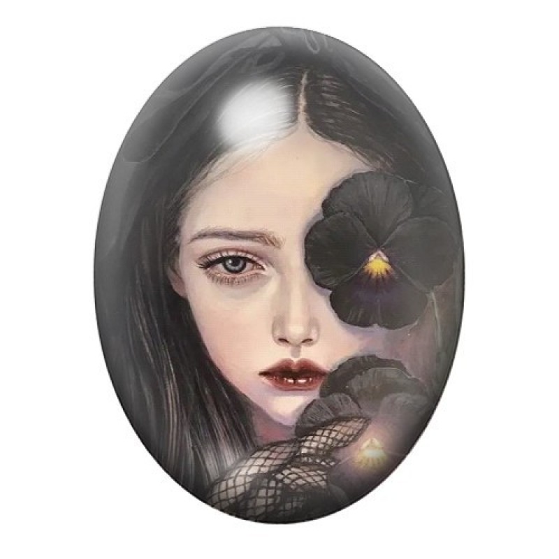 Cabochon en Verre Illustré Jeune Fille Gothique au Cache-œil Fleuri 13x18, 18x25 ou 30x40mm