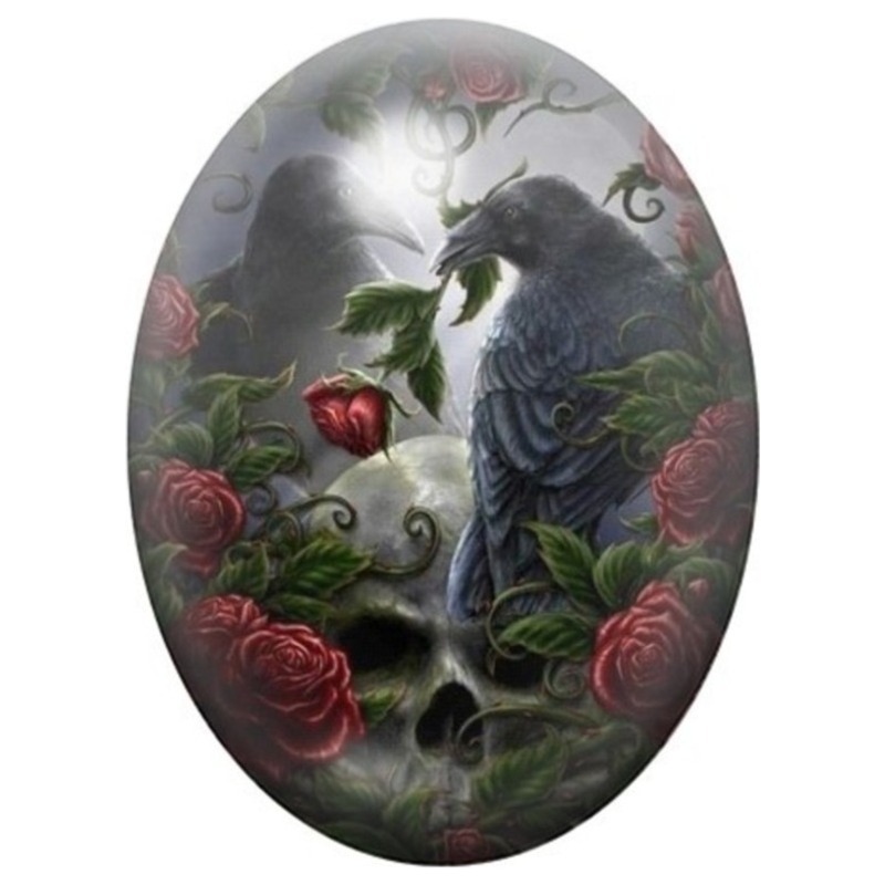 Cabochon en Verre Illustré Deux Corbeaux parmi les Roses Rouges 13x18, 18x25 ou 30x40mm