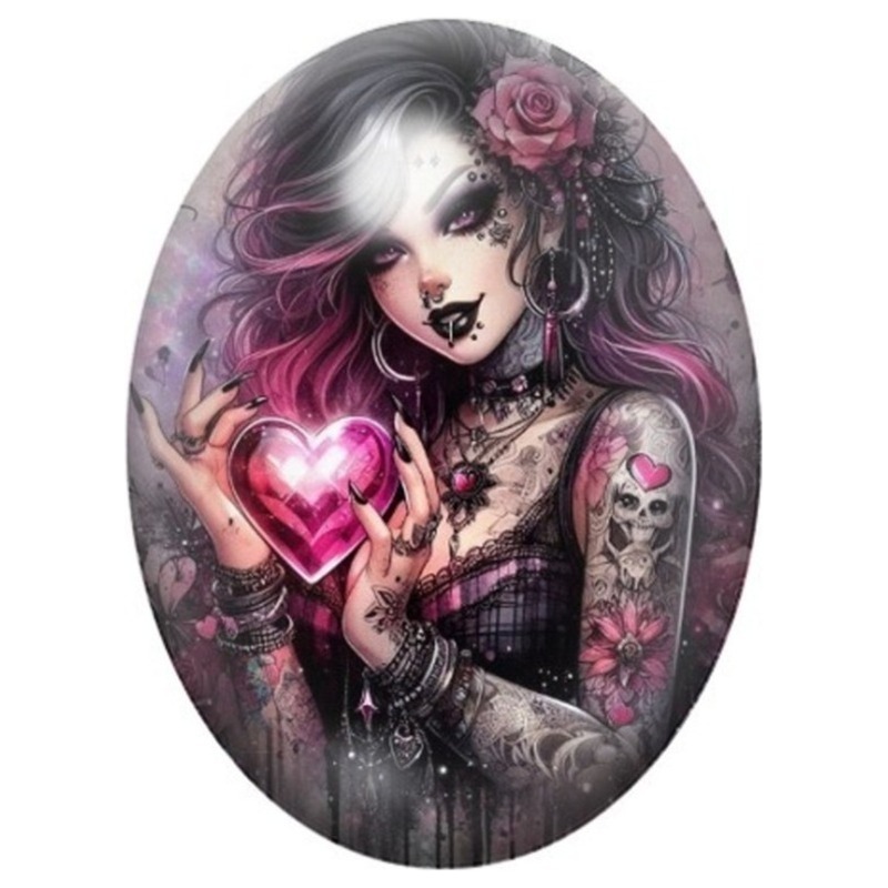 Cabochon en Verre Illustré Femme Tatouée au Cœur Rose Lumineux 13x18, 18x25 ou 30x40mm