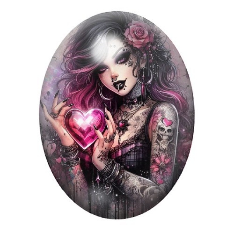 Cabochon en Verre Illustré Femme Tatouée Coeur Gothique 13x18, 18x25 ou 30x40mm
