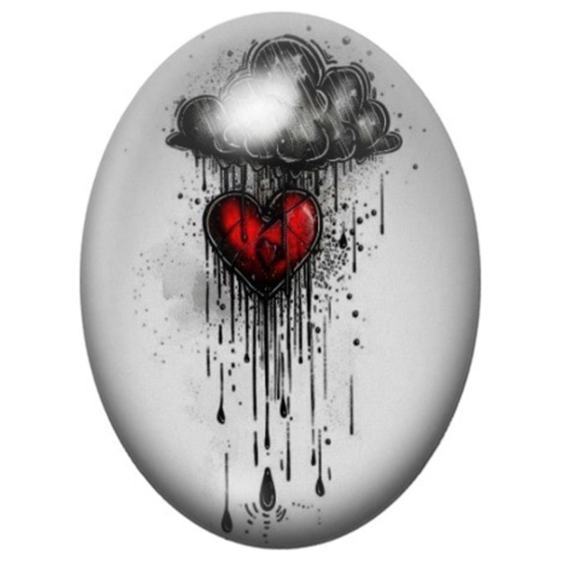 Cabochon en Verre Illustré Nuage Noir au Cœur Rouge Pluvieux 13x18, 18x25 ou 30x40mm