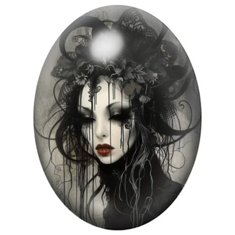 Cabochon en Verre Illustré Femme Gothique aux Larmes Noires 13x18, 18x25 ou 30x40mm