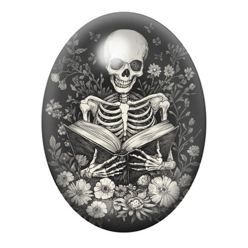 Cabochon en Verre Illustré Squelette Livre Gothique 13x18, 18x25 ou 30x40mm