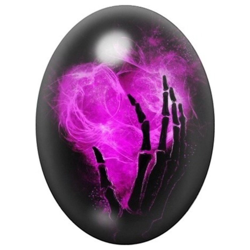 Cabochon en Verre Illustré Main Squelette dans un Cœur de Fumée Violette 13x18, 18x25 ou 30x40mm