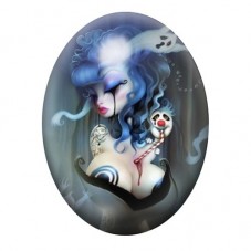 Cabochon en Verre Illustré Femme Étrange aux Cheveux Bleus et Petit Squelette 13x18, 18x25 ou 30x40mm pour la création de bijoux