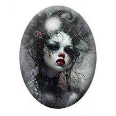 Cabochon en Verre Illustré Femme Gothique aux Fleurs Noires et Lèvres Rouges 13x18, 18x25 ou 30x40mm pour la création de bijoux 