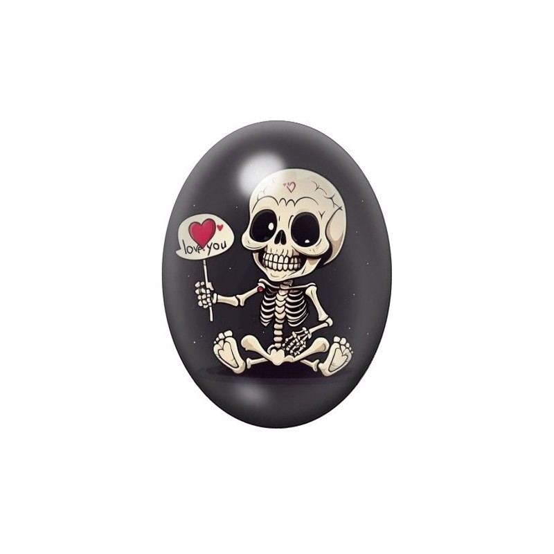Cabochon en Verre Illustré Squelette Coeur Gothique 13x18, 18x25 ou 30x40mm