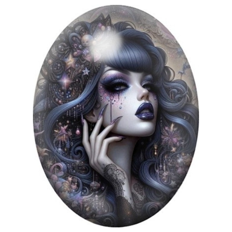 Cabochon en Verre Illustré Femme Gothique aux Cheveux Bleus et Étoiles 13x18, 18x25 ou 30x40mm