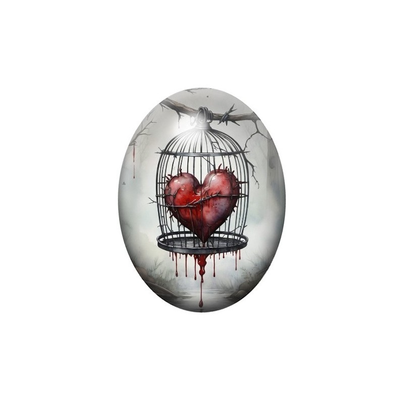 Cabochon en Verre Illustré Cage Coeur Gothique 13x18, 18x25 ou 30x40mm