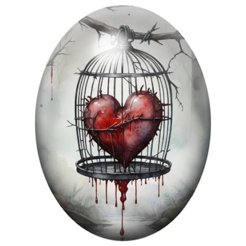 Cabochon en Verre Illustré Cœur Rouge Enfermé dans une Cage 13x18, 18x25 ou 30x40mm