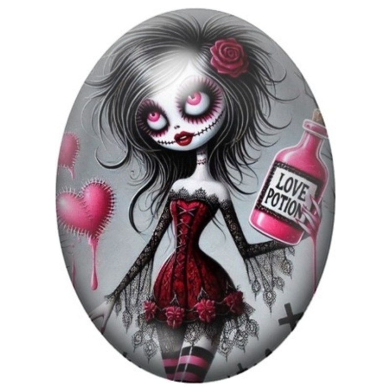 Cabochon en Verre Illustré Poupée Gothique Love Potion 13x18, 18x25 ou 30x40mm