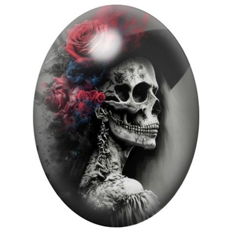 Cabochon en Verre Illustré Squelette au Chapeau et aux Roses Rouges 13x18, 18x25 ou 30x40mm