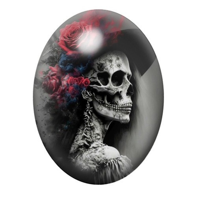 Cabochon en Verre Illustré Squelette Chapeau Fleurs Gothique 13x18, 18x25 ou 30x40mm