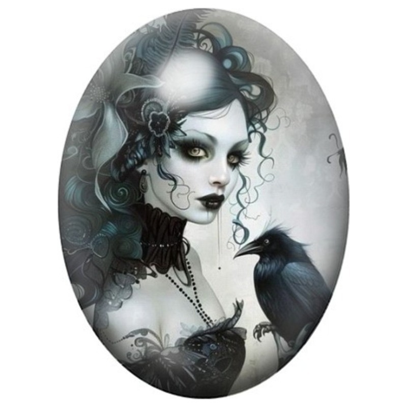Cabochon en Verre Illustré Femme Gothique au Corbeau Noir 13x18, 18x25 ou 30x40mm