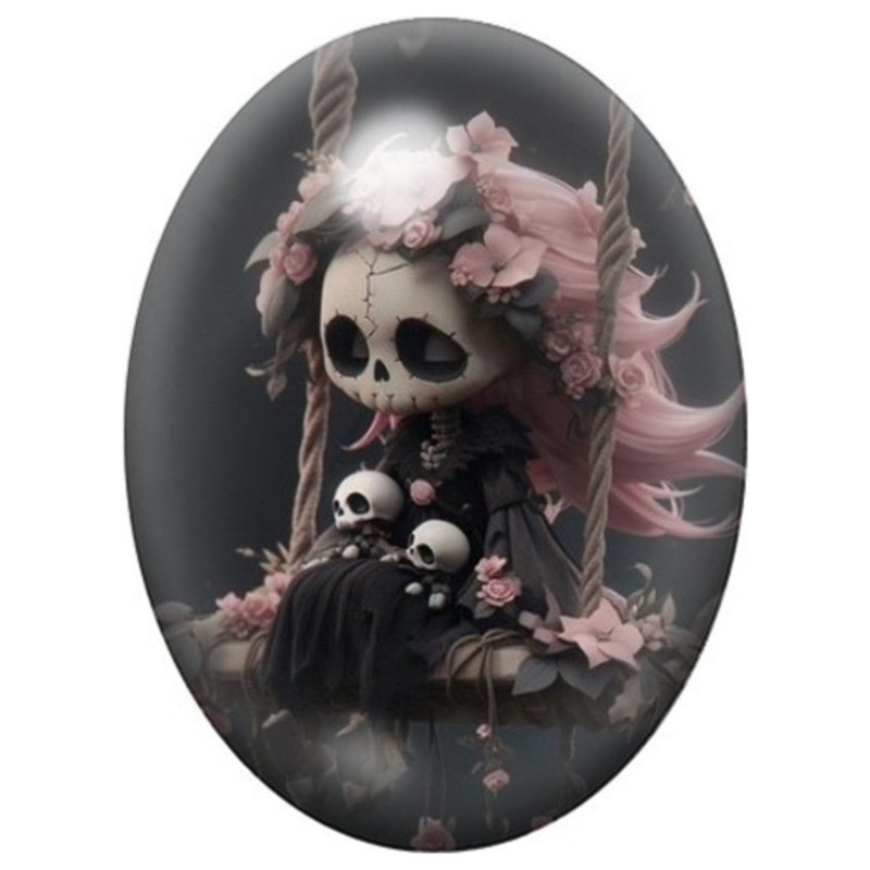 Cabochon en Verre Illustré Poupée Calavera aux Fleurs Roses 13x18, 18x25 ou 30x40mm