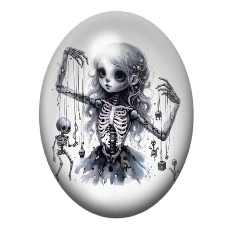 Cabochon en Verre Illustré Fille Squelette Marionnette Gothique 13x18, 18x25 ou 30x40mm