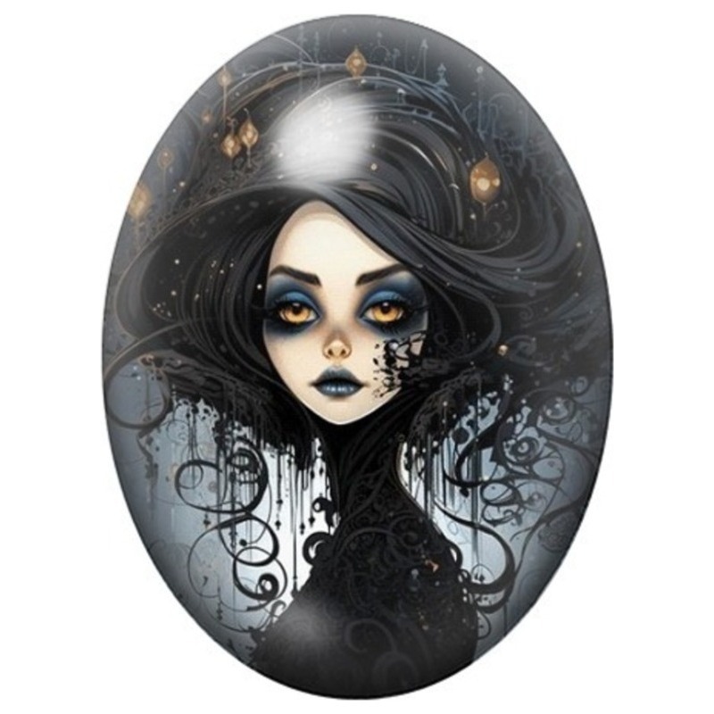 Cabochon en Verre Illustré Femme Gothique aux Reflets Dorés 13x18, 18x25 ou 30x40mm