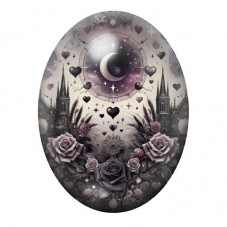 Cabochon en Verre Illustré Lune Gothique aux Châteaux et Roses Mauves 13x18, 18x25 ou 30x40mm pour la création de bijoux fantais