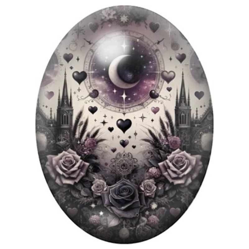Cabochon en Verre Illustré Lune Gothique aux Châteaux et Roses Mauves 13x18, 18x25 ou 30x40mm