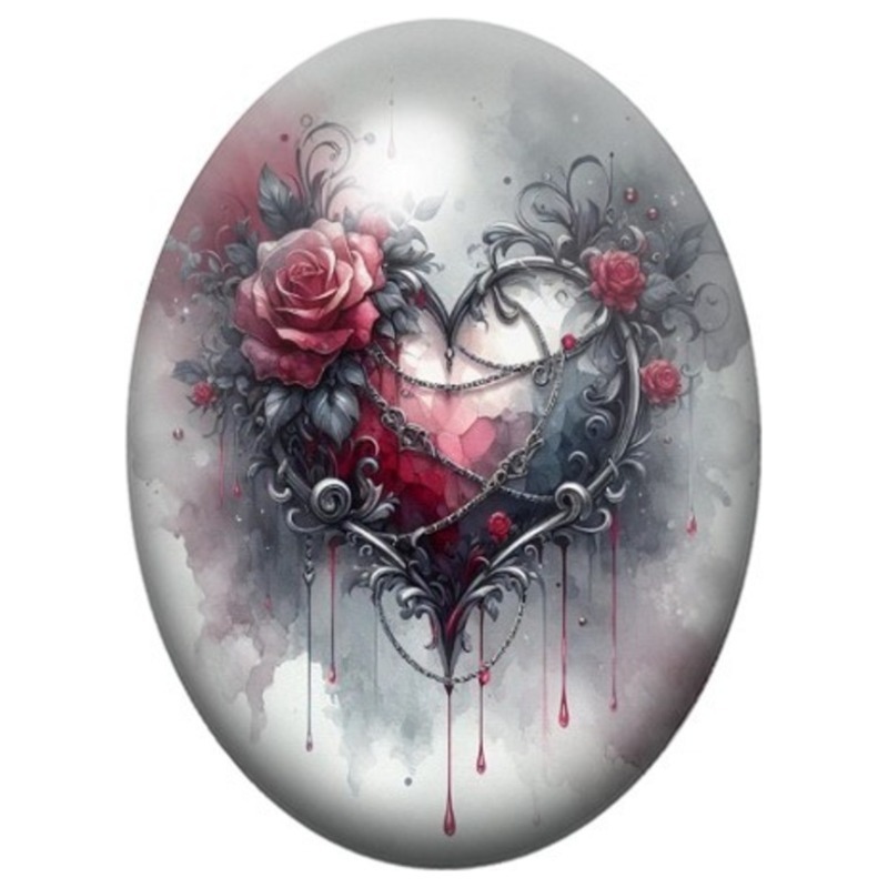 Cabochon en Verre Illustré Cœur Gothique aux Roses et aux Chaînes 13x18, 18x25 ou 30x40mm
