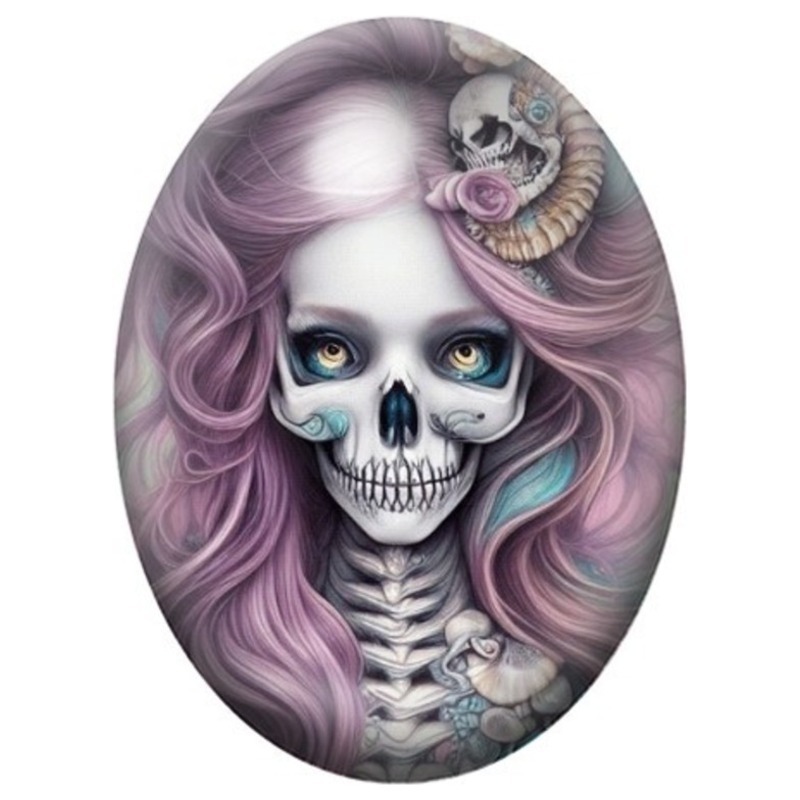 Cabochon en Verre Illustré Femme Squelette aux Cheveux Mauves 13x18, 18x25 ou 30x40mm