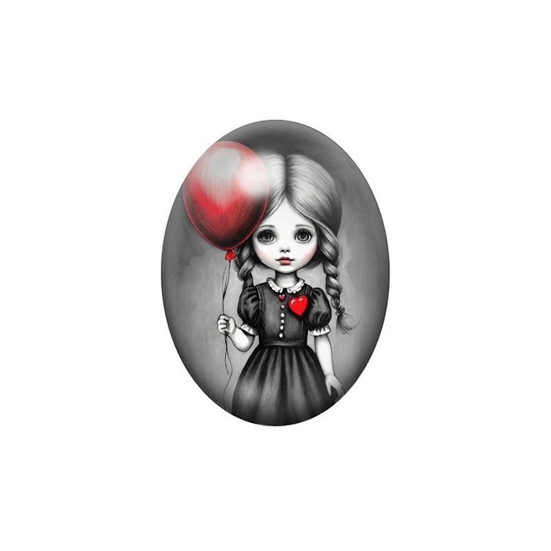 Cabochon en Verre Illustré Petite Fille Ballon Gothique 13x18, 18x25 ou 30x40mm