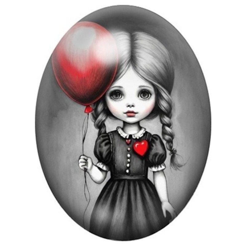 Cabochon en Verre Illustré Petite Fille Gothique au Ballon Cœur 13x18, 18x25 ou 30x40mm
