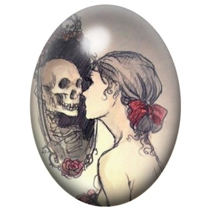 Cabochon en Verre Illustré Femme Embrassant un Squelette 13x18, 18x25 ou 30x40mm