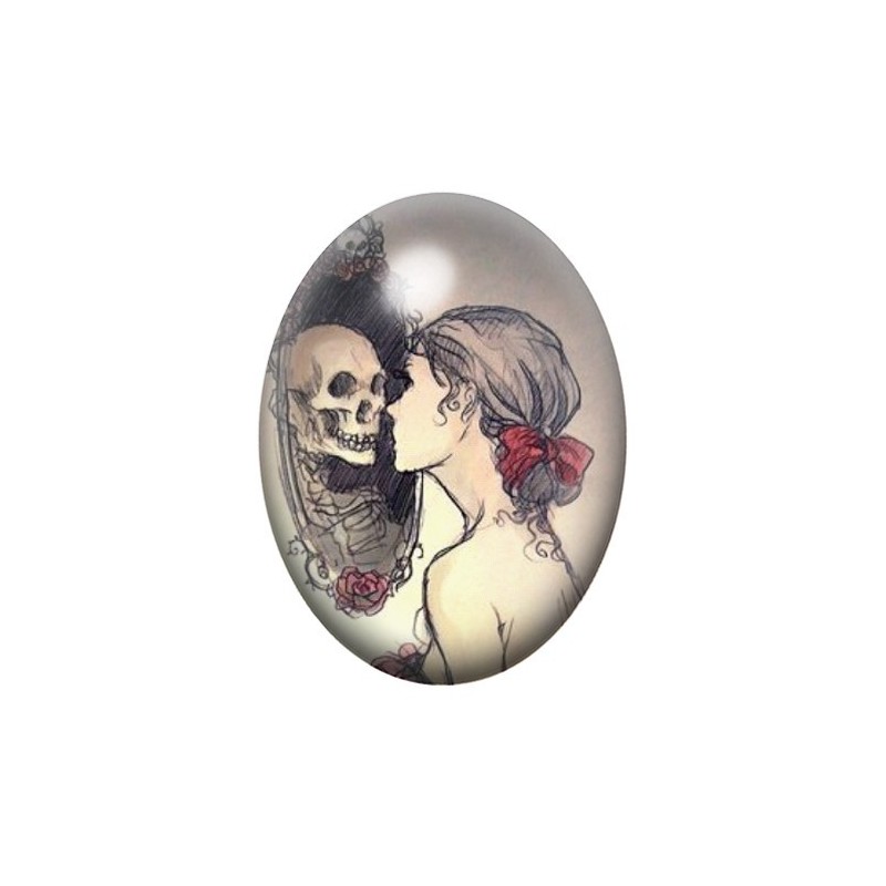 Cabochon en Verre Illustré Femme Squelette Miroir Gothique 13x18, 18x25 ou 30x40mm