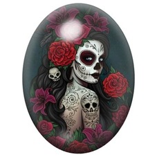 Cabochon en Verre Illustré Femme Calavera aux Roses Rouges 13x18, 18x25 ou 30x40mm pour la création de bijoux fantaisie - DIY