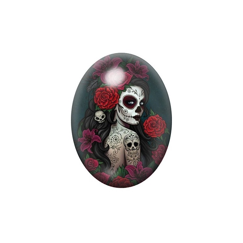 Cabochon en Verre Illustré Femme Calavera Gothique 13x18, 18x25 ou 30x40mm