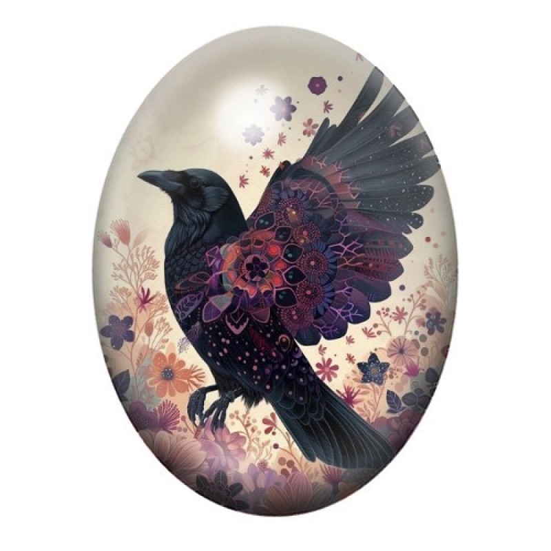 Cabochon en Verre Illustré Corbeau Orné de Fleurs Colorées 13x18, 18x25 ou 30x40mm