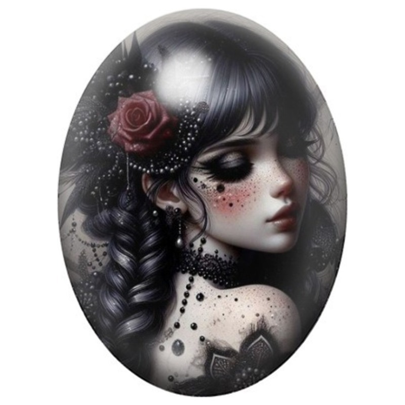 Cabochon en Verre Illustré Femme Gothique à la Rose dans les Cheveux 13x18, 18x25 ou 30x40mm